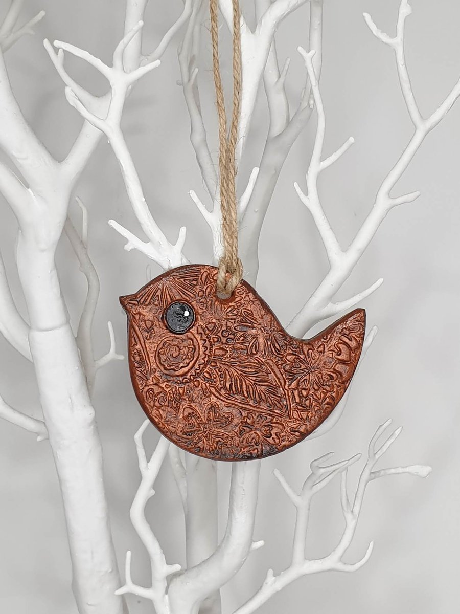 Clay bird decoration in autumn colours, hanging ornament, gift for a bird lover 
