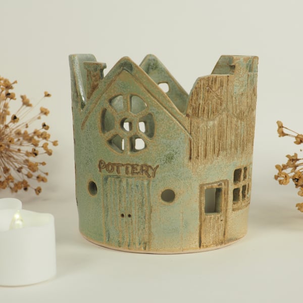 Street Scene Candleholder - 5 Houses in pale green