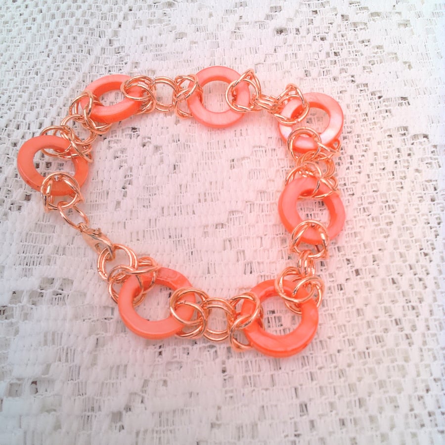 Bracelet Made with Byzantine Chain Maille and Pink Shell Rings, Gift for Her