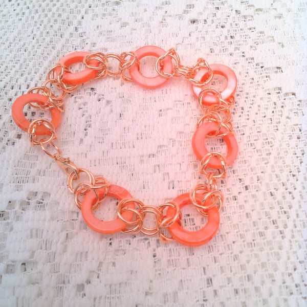Bracelet Made with Byzantine Chain Maille and Pink Shell Rings, Gift for Her