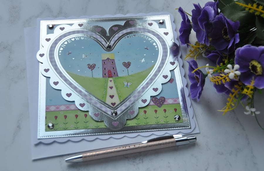 New Home Card Country House Love Hearts Flowers 3D Luxury Handmade Card