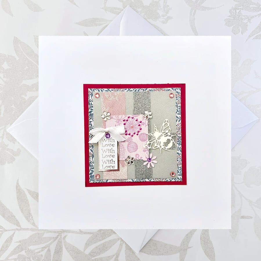 Birthday card - large size romantic paper collage bee design