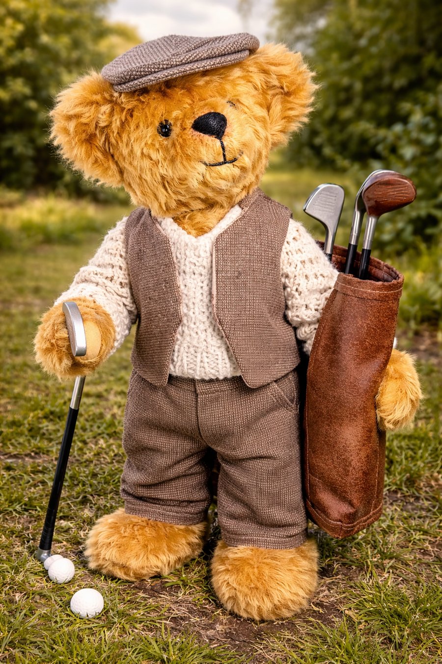 Golfing Hand-sewn Mohair Teddy Bear