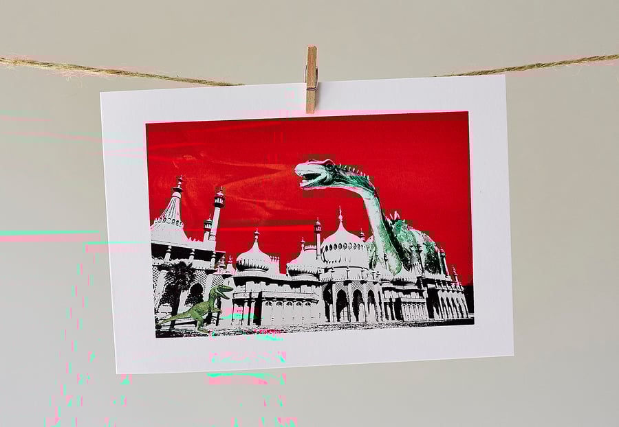 'Dippy Goes To Brighton Red Sky' greetings card