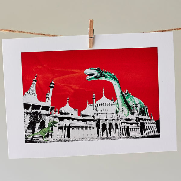'Dippy Goes To Brighton Red Sky' greetings card
