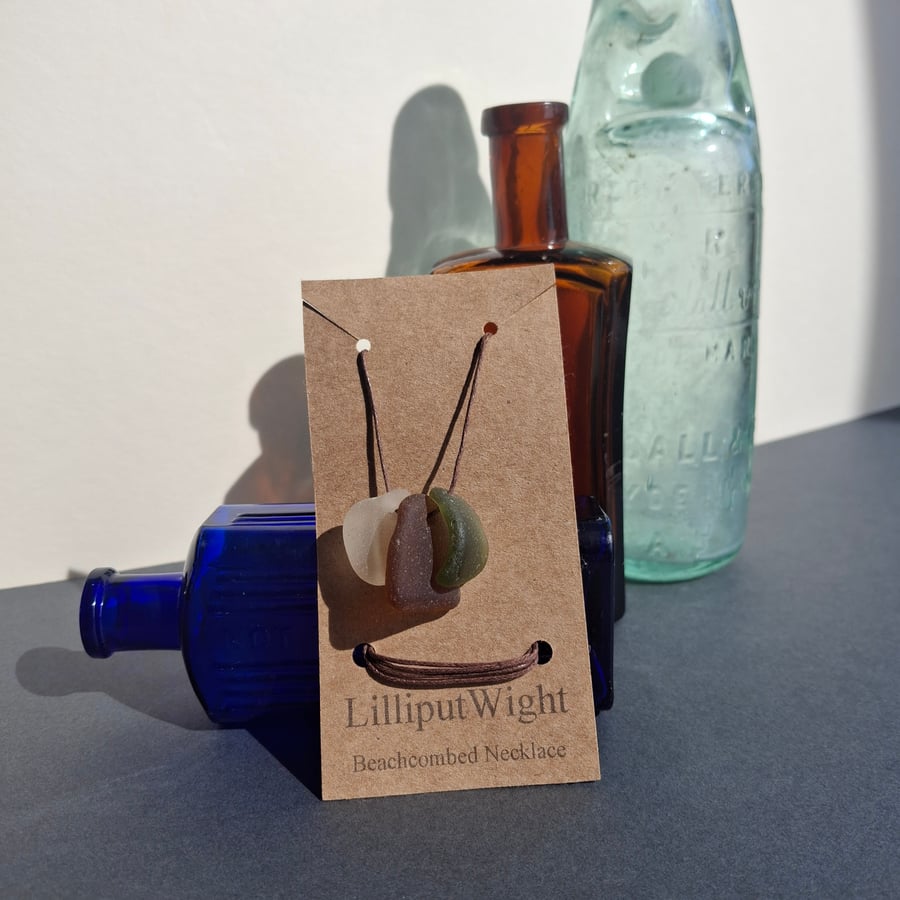 Beachcombed Necklace, Brown, Green and White Sea Glass and Cotton Cord 