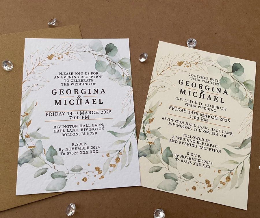 10 Eucalyptus greenery gold frame WEDDING INVITE cards rustic A5 A6 invitations