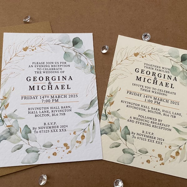 10 Eucalyptus greenery gold frame WEDDING INVITE cards rustic A5 A6 invitations