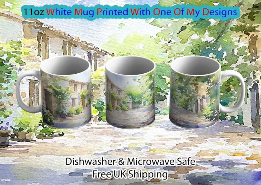 French Countryside Mug, Rustic Village Watercolor 11oz Cup