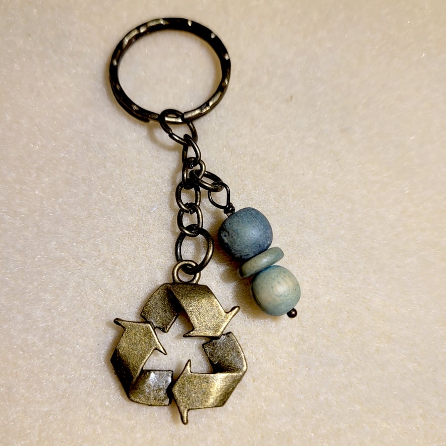 Quirky Upcycled Keyring, Vintage Wood Beads, Antique Bronze Recycle Symbol