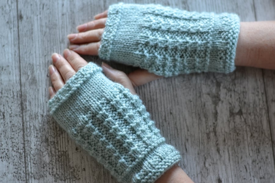 Fingerless Gloves Aran Duck Egg Blue Knitted 