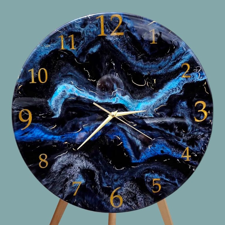 Resin Wall Clock: Ocean Blue & Gold Abstract Art - Silent Quartz Movement