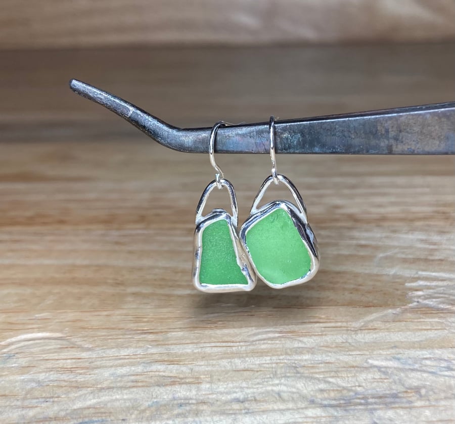 Handmade Sterling & Fine Silver Dangle Earrings with Light Green Welsh Sea-Glass