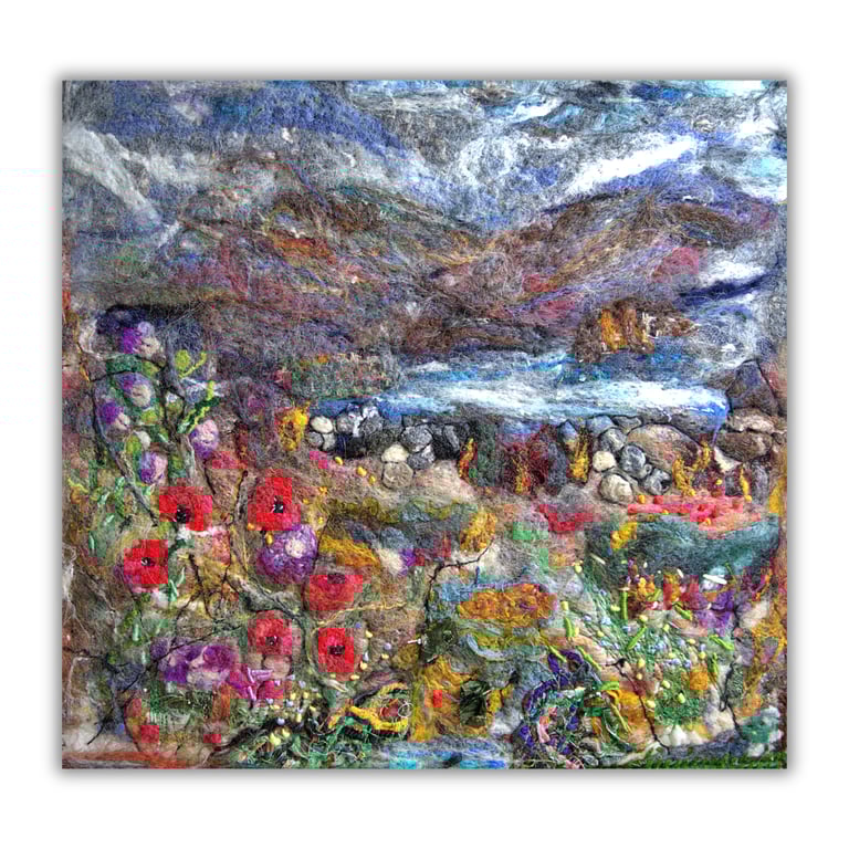 Original felt and stitch landscape - Scotland - Loch Lee - wildflowers - framed