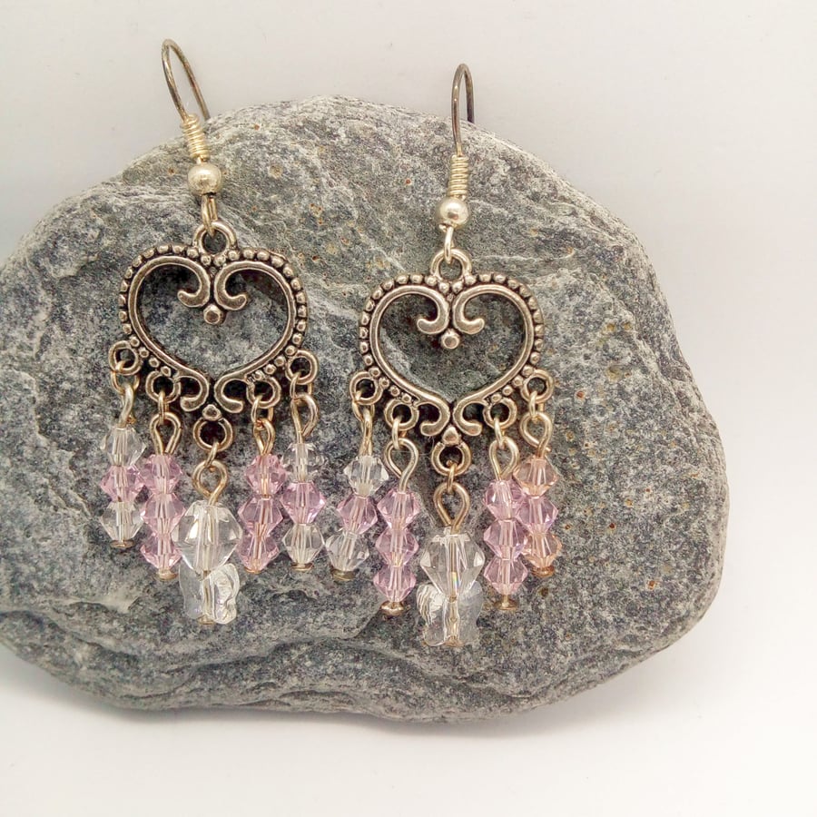 Silver Chandelier Earrings with Pink and Clear Crystals and a Butterfly Crystal