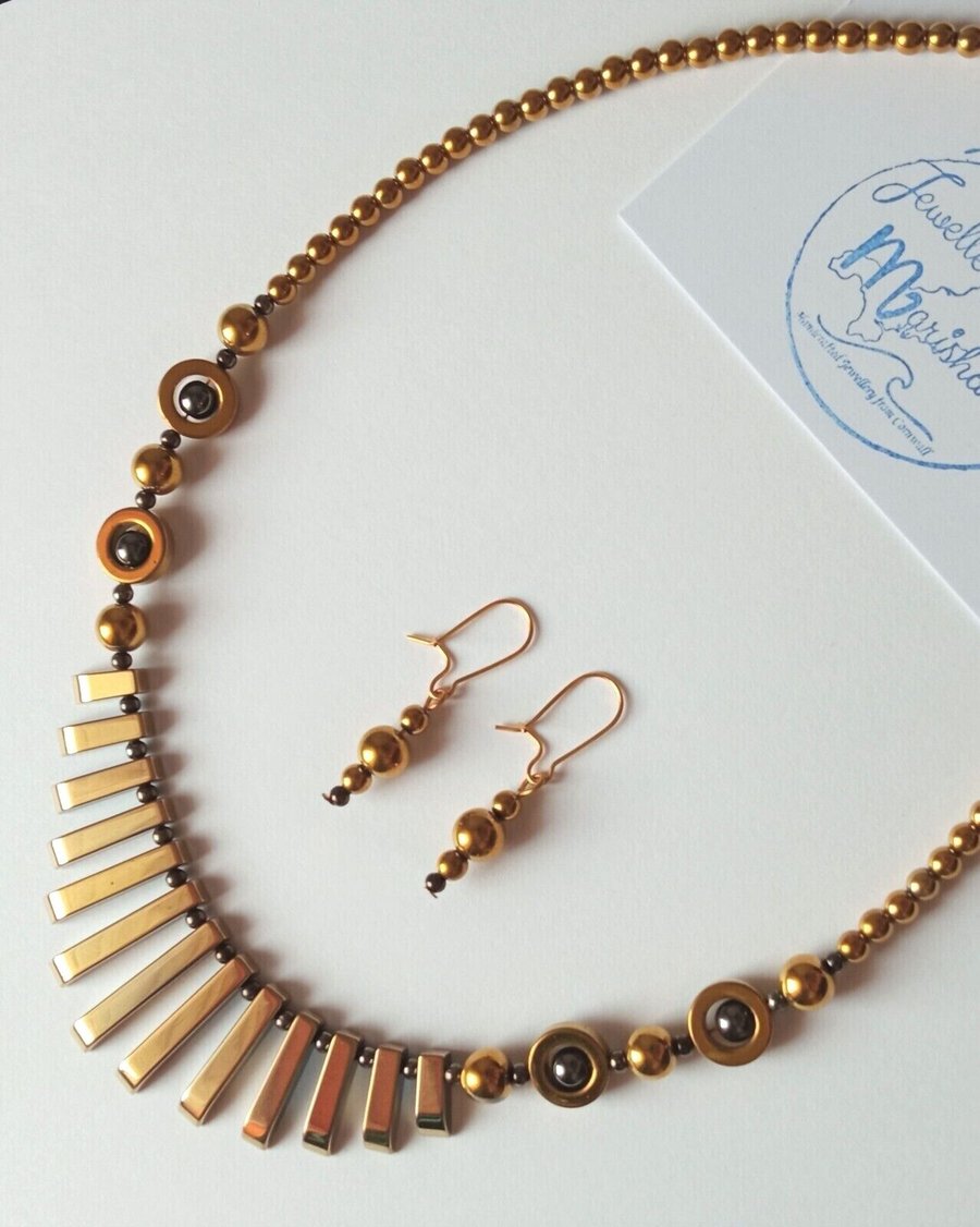 Gold Hematite Necklace & Earrings Gift Set Metallic Gold Plated Tapered