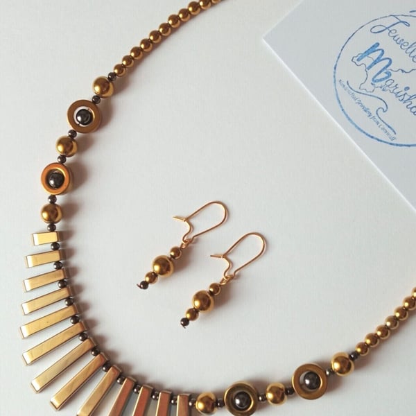 Metallic Gold Coloured Hematite Tapered Necklace & Earrings Gift Set