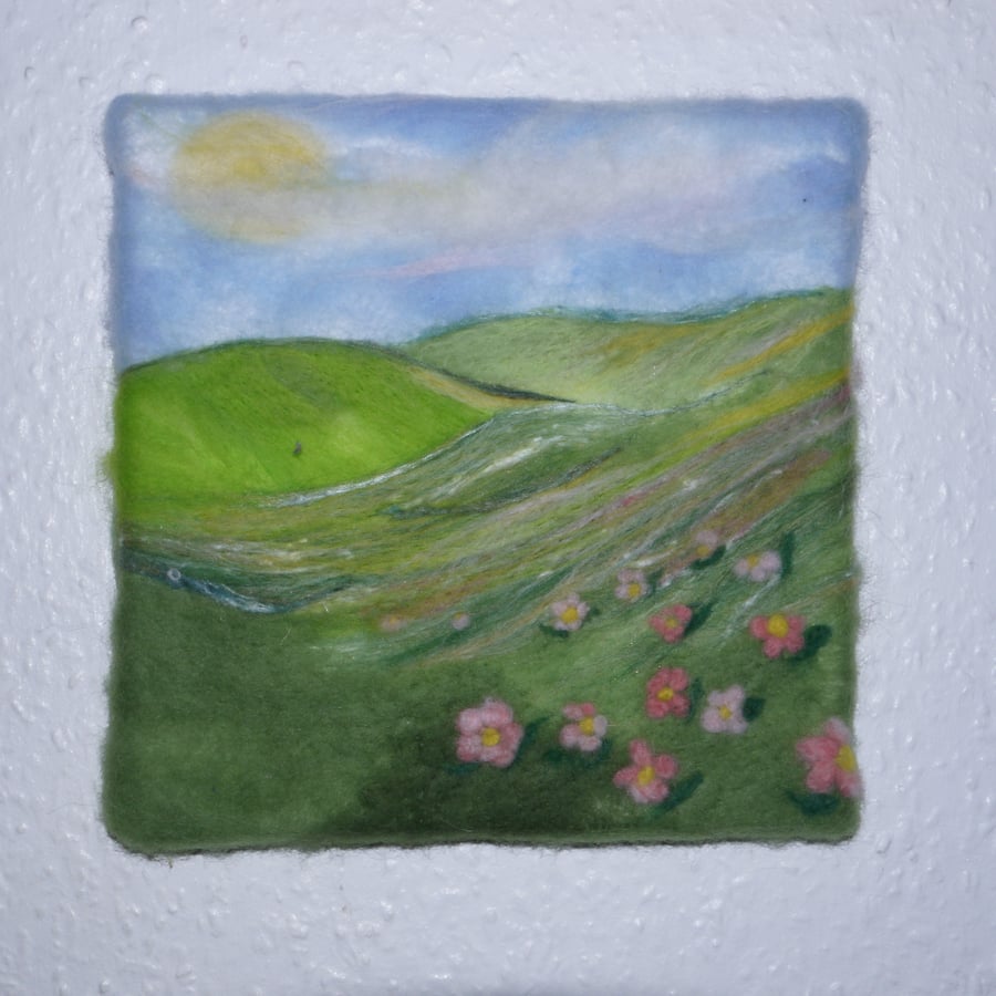 Handmade needle felted Sunshine Landscape 8 inch canvas original artwork