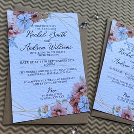 10 Blush pink and blue flowers geometric gold frame WEDDING INVITATIONS, invites