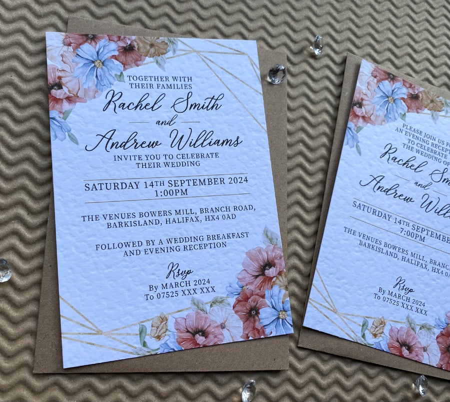 10 Blush pink and blue flowers geometric gold frame WEDDING INVITATIONS, invites