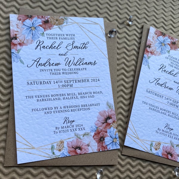 10 Blush pink and blue flowers geometric gold frame WEDDING INVITATIONS, invites