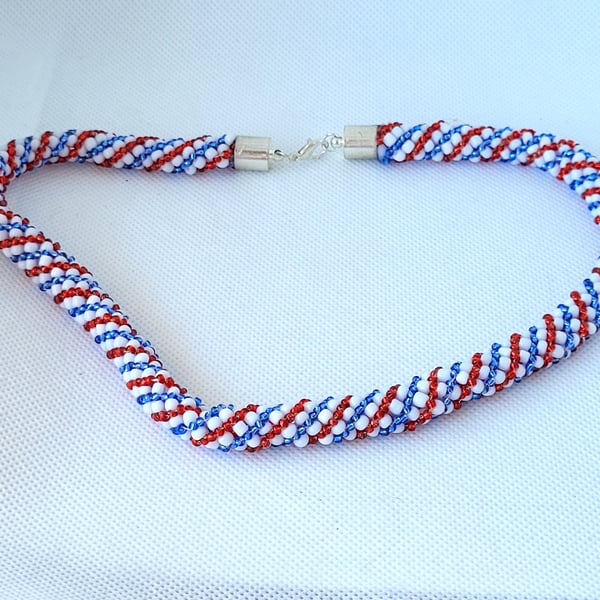 Red white and blue twisted rope seed bead necklace