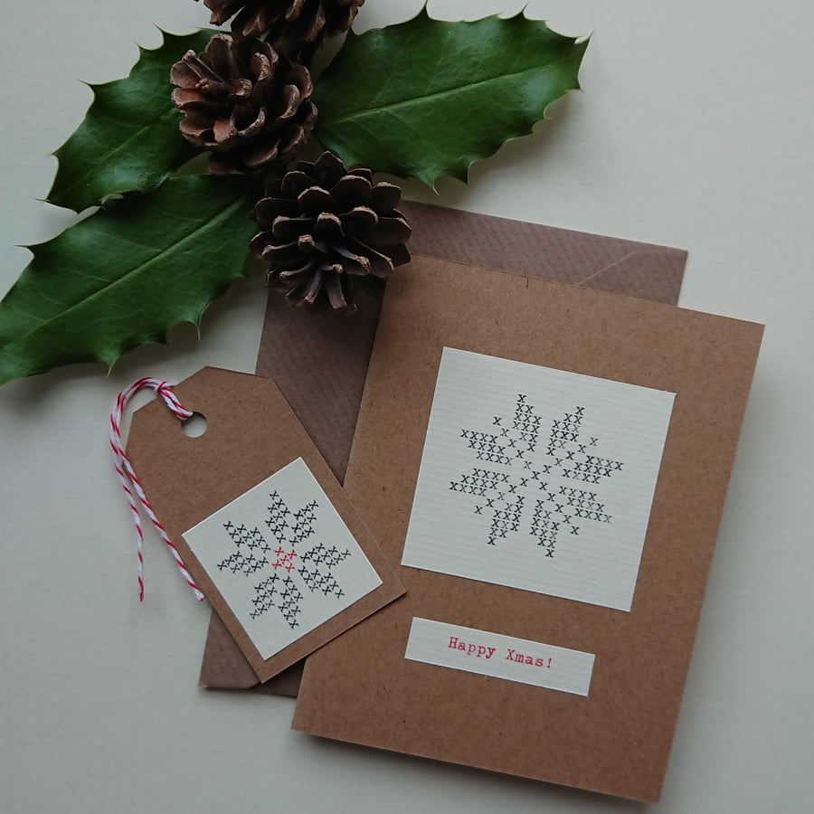 Happy Xmas card - typewritten snowflake - matching gift tag