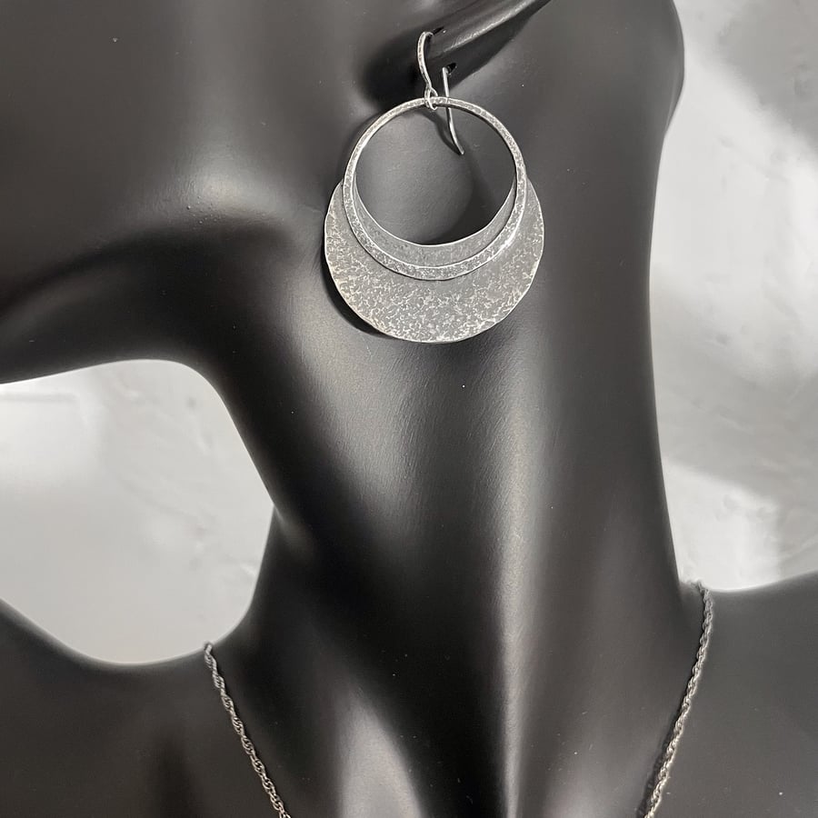 Large sterling silver round Megaluna earrings oxidised or bright finish