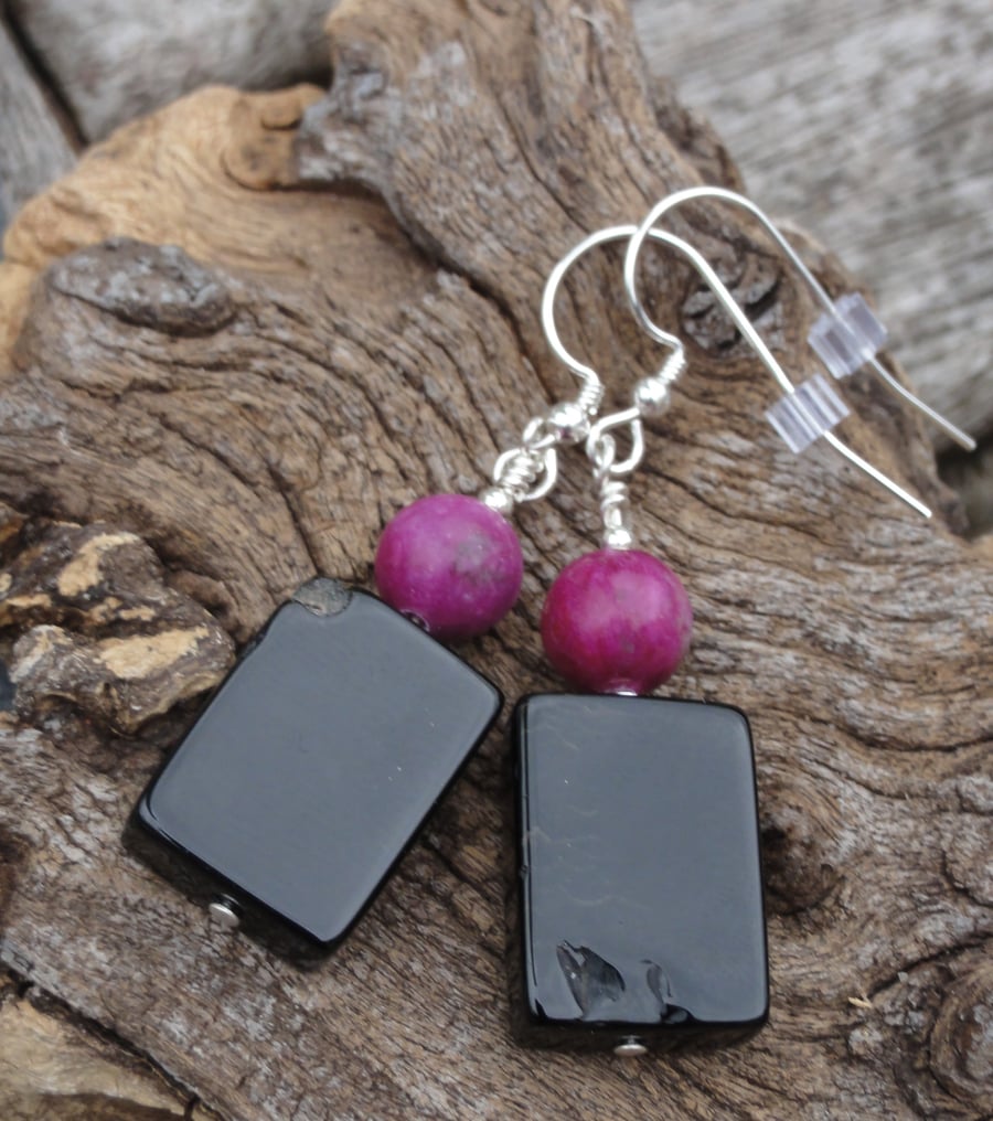 Black agate, purple jasper and sterling silver earrings