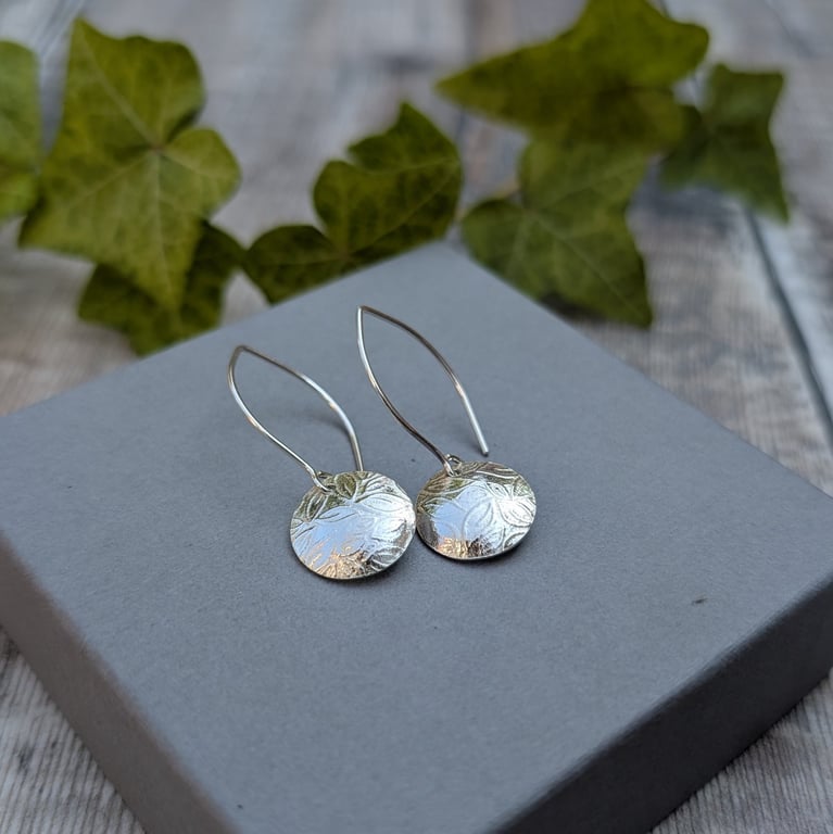 Sterling Silver Leaf Pattern Disc Drop Earrings - JBJ1109