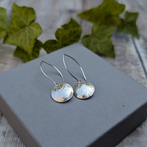 Sterling Silver Leaf Pattern Disc Drop Earrings - JBJ1109