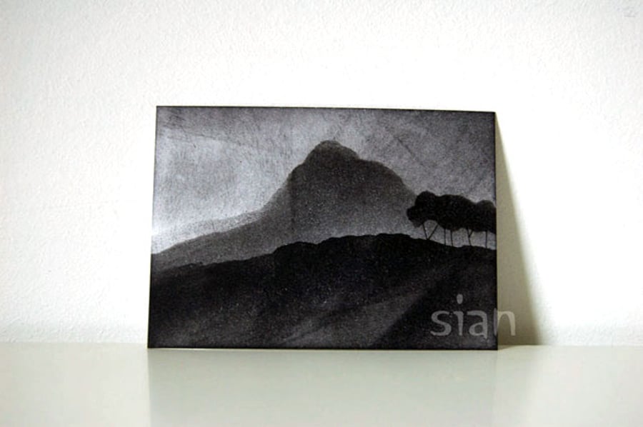 Mountain landscape with trees (monochrome) - Original ACEO