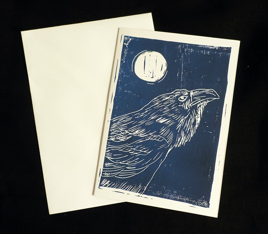 Raven and Moon alternative greeting card, lino print, Blue and White, A6 Print