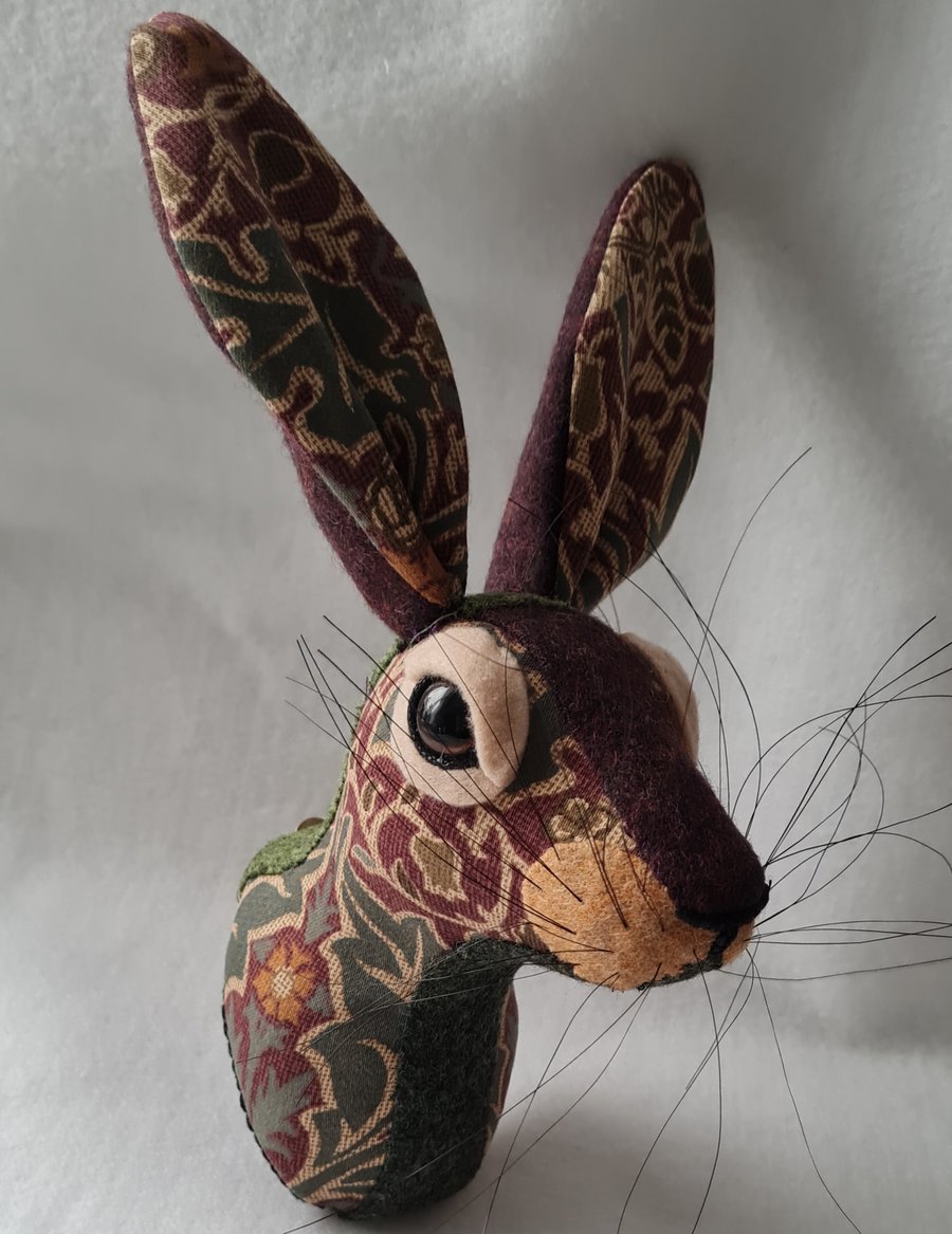 Faux hare head wall mount in William Morris fabric