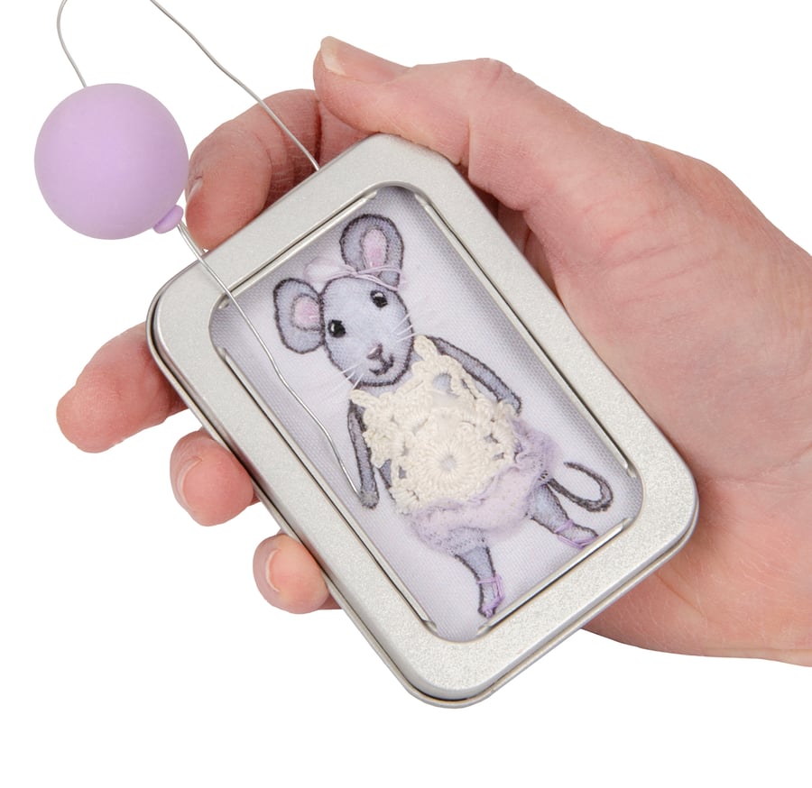 Mouse, a mouse with a purple balloon, 3D fabric mouse framed in a tin