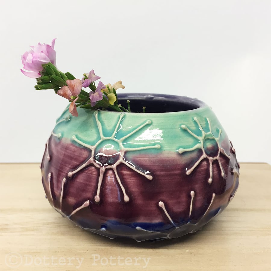 Purple and blue ceramic pot pottery bowl raised pattern plant pot cactus 