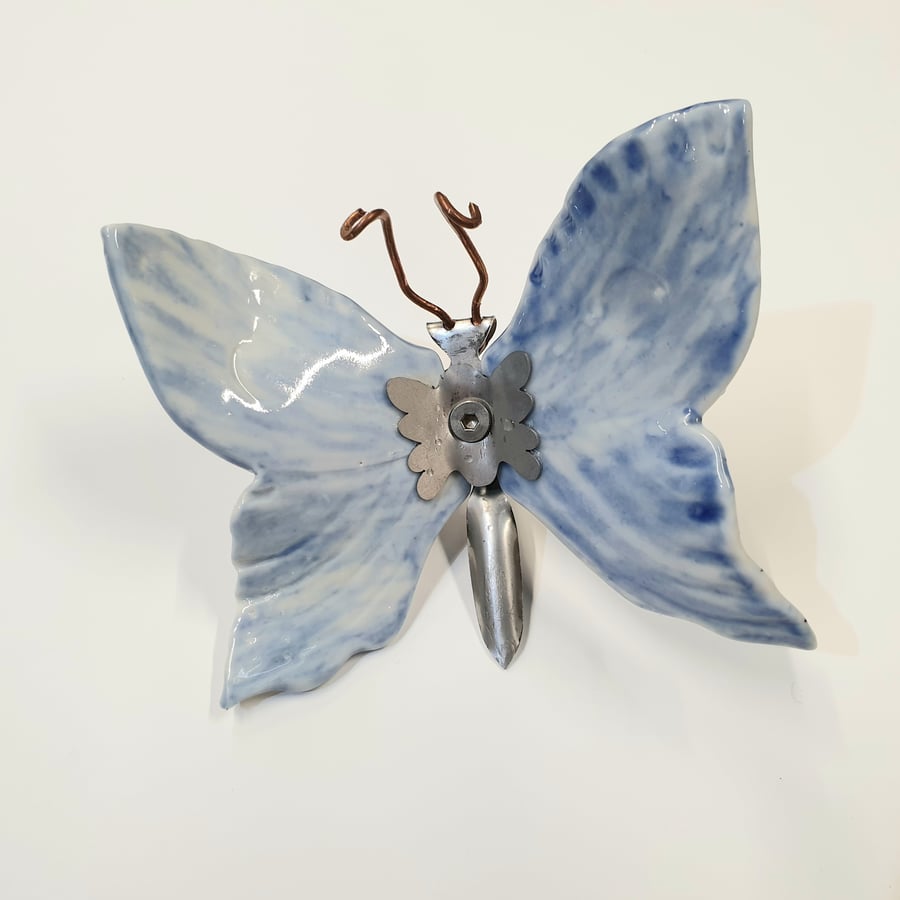 Butterfly Wall Art - Ceramic and Metal - Cream and Blue Butterfly