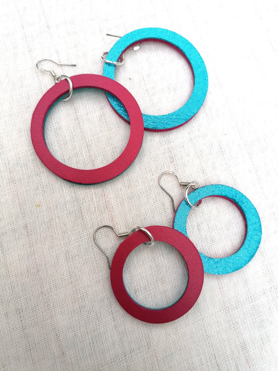 Colour Duo Leather Hoop Earrings - Turquoise & Pink, Sterling Silver