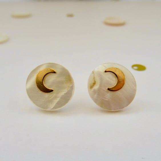 'Full Moon & Crescent Moon' celestial pearly silhouette GF stud earrings