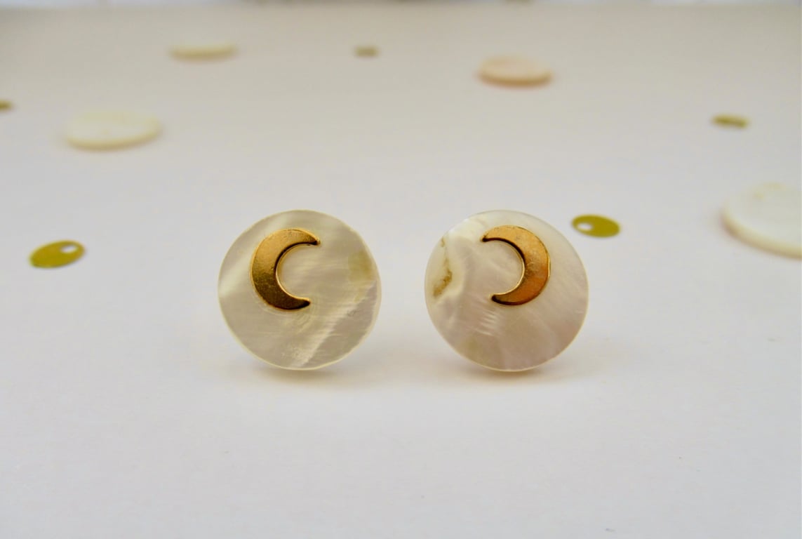 'Full Moon & Crescent Moon' celestial pearly silhouette GF stud earrings