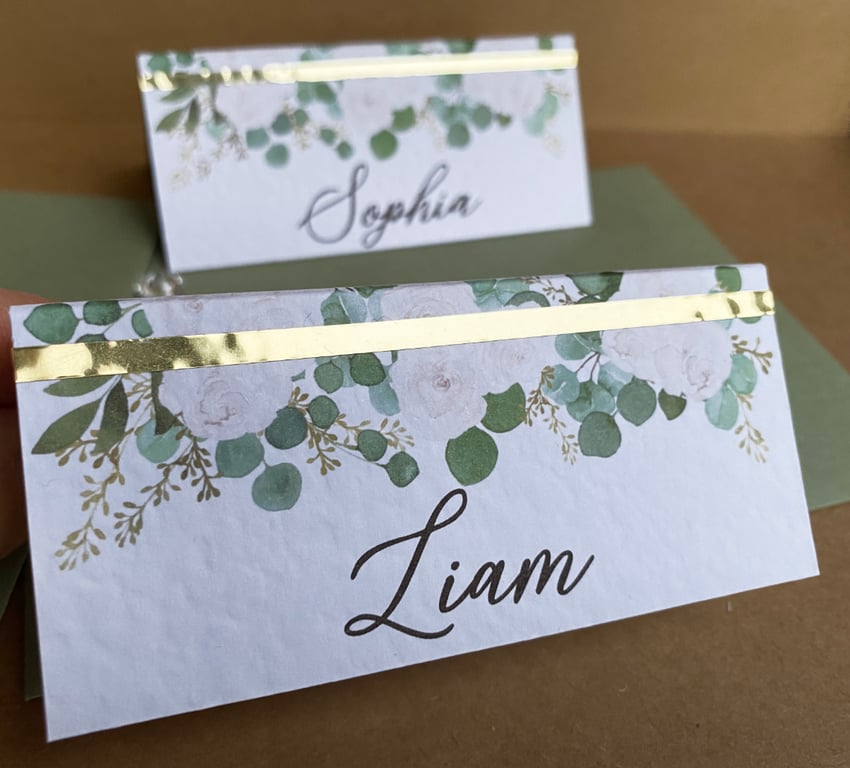 6x blush rose golden EUCALYPTUS name place CARDS sage green table wedding decor