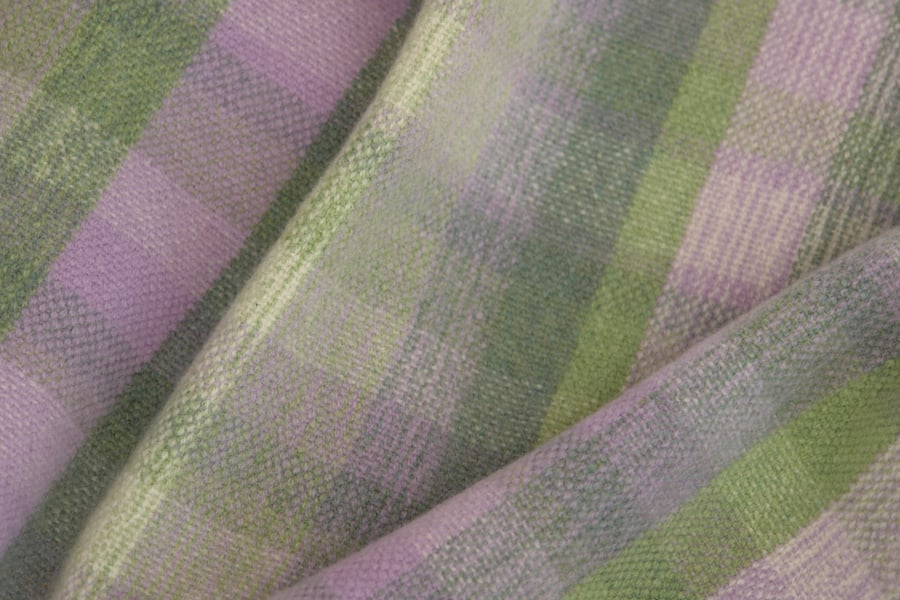Luxury hand woven lambswool scarf. Duck egg, green, cream, light purple.