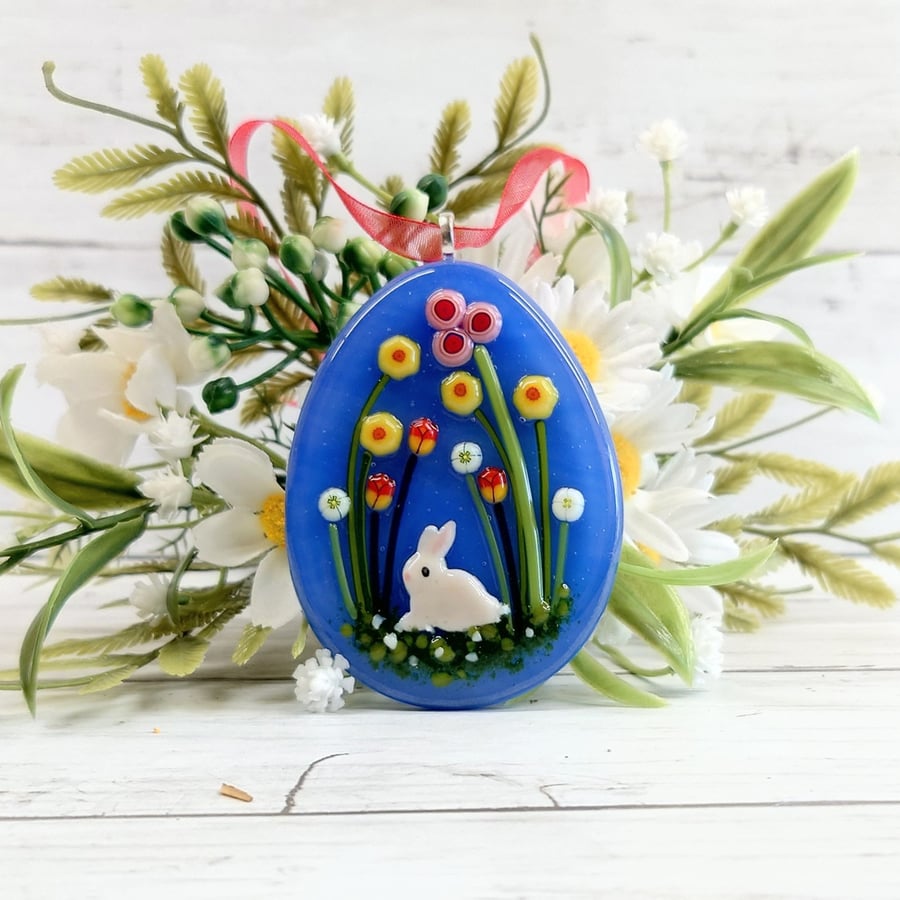 Easter Hanging Decoration; Blue Easter Egg Gift with White Rabbit and Flowers 