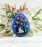 Easter Hanging Decoration; Blue Easter Egg Gift with White Rabbit and Flowers 