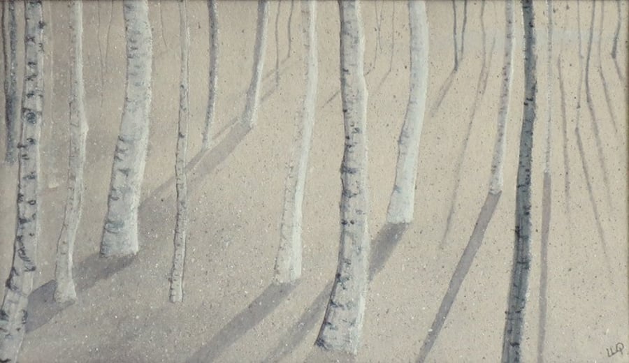 Original watercolour and pencil snow scene birch trees in the forest