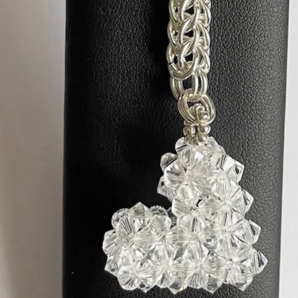 Handbag Charm, Clear Crystal Puffed Heart, with a Chainmaille Chain and Keyring
