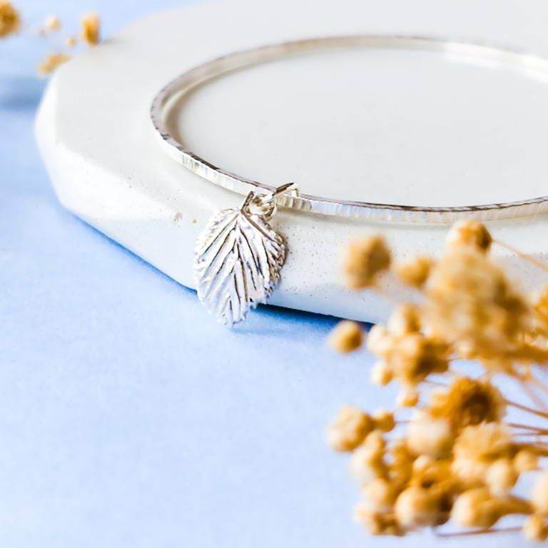 Silver Bangle with Beech Leaf Charm - Stacking Bangle - Recycled Silver