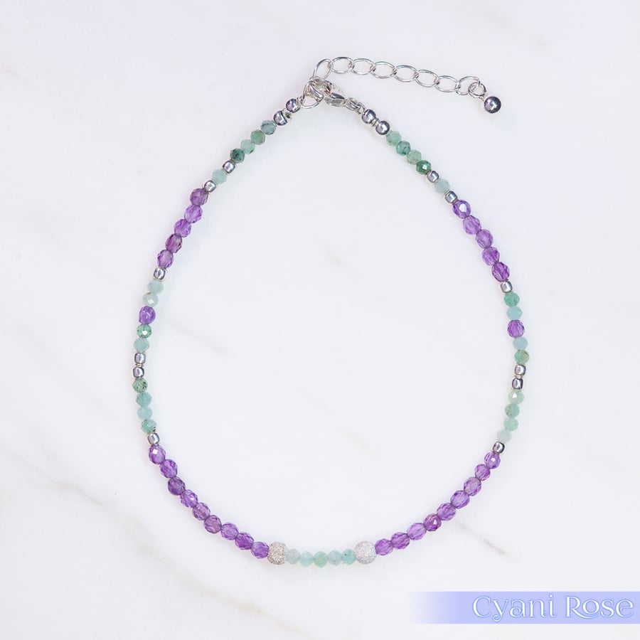 Emerald, Amethyst and Silver dainty handmade beaded bracelet