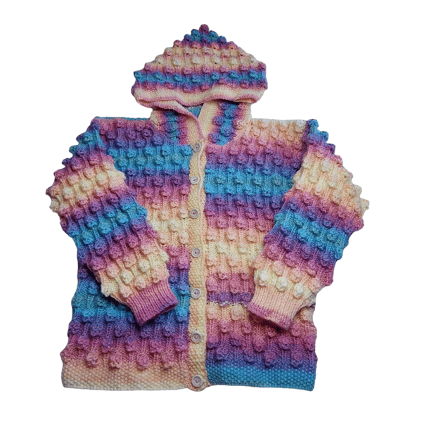 Children's Hooded Cardigan, 6-7 Years, Hand Knitted Rainbow Cardigan