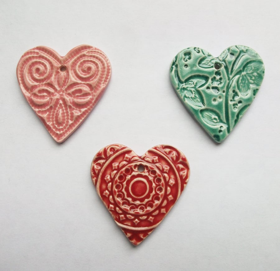 Set of three ceramic heart pendants